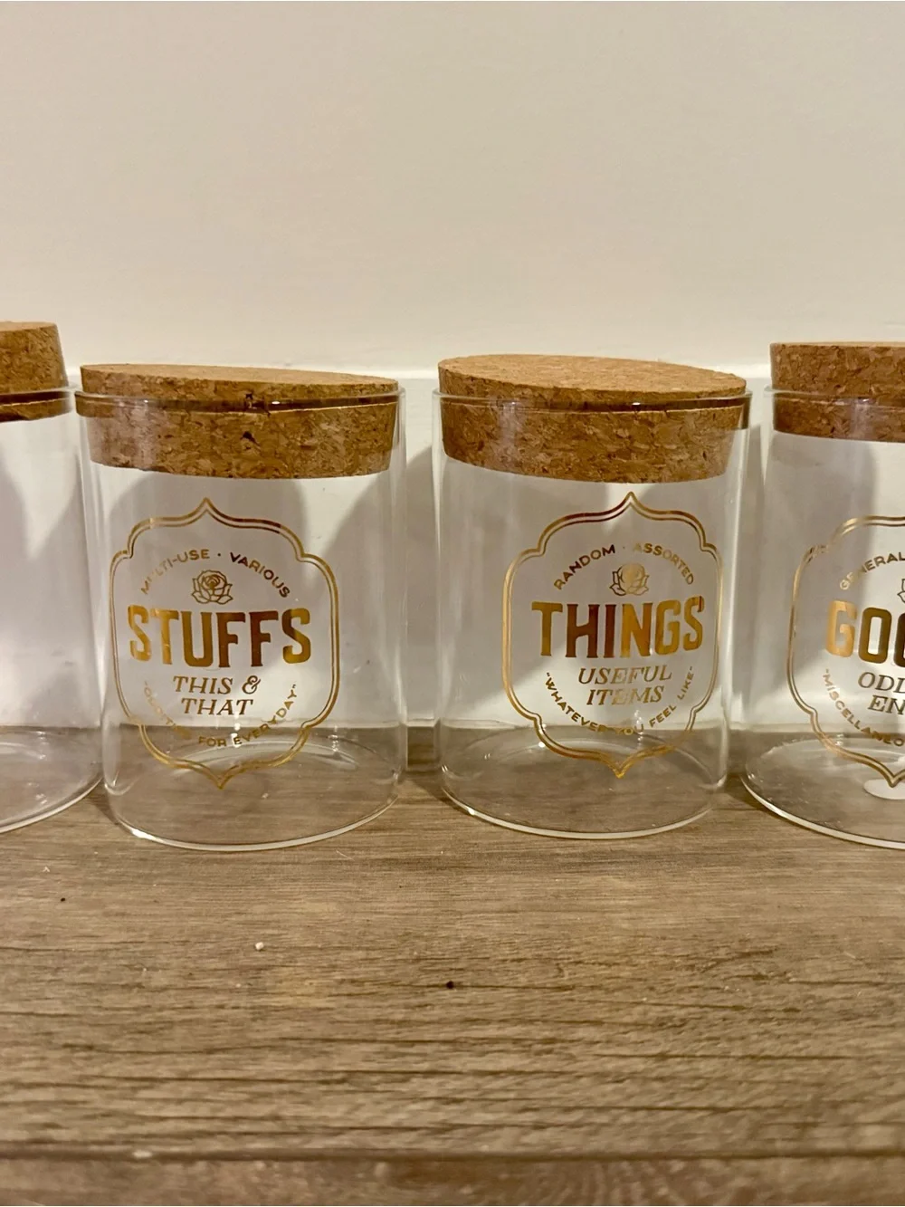 4 Glass Storage Jar with Cork Lid - Gold Design